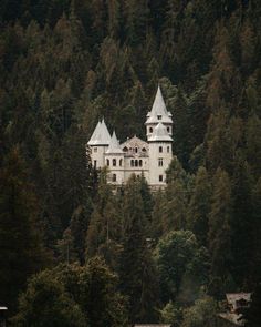 a large white castle sitting on top of a lush green forest covered hillside next to tall trees