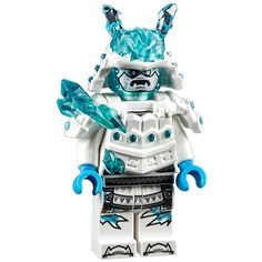 a white and blue lego figure with horns