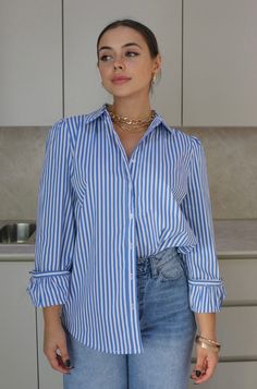 'Oxford' Classic Striped Button Down Shirt in Blue and White | Scarlette The Label Womens Blue Shirt Outfit, Blue White Stripped Shirt, Blue And White Striped Long Sleeve Shirt Outfit, Classic Button Down Women, Button Down With Jeans Women, Button Up Blue Shirt Outfit, White And Blue Blouse Outfit, White T Shirt Blue Jeans Outfit Women