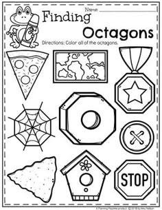 the worksheet for finding octagons is shown in black and white, with pictures