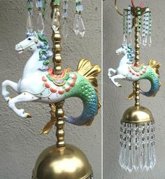 two pictures of a carousel horse on top of a bell