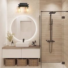 a bathroom with a round mirror above the sink and a shower stall in front of it