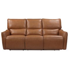 a brown leather couch with two reclinings on the back and one arm facing forward