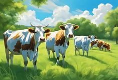 three brown and white cows are standing in the grass near some trees on a sunny day