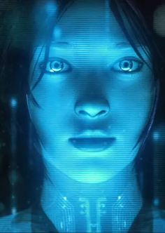 a futuristic woman with blue eyes looking at the camera