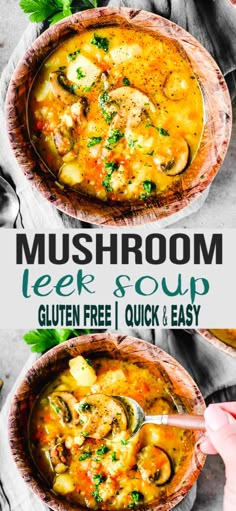 two bowls filled with mushroom leek soup on top of a table