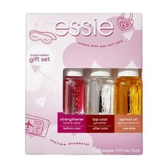 essie Always With You Nail Care Kit - a nail polish kit that includes a high shine top coat, a strengthener and a cuticle oil. the perfect compliment to any essie nail polish color. Hard To Resist Nail Strengthener - instant nail strength and resistance. wear on bare nails for 3 days before removal for optimal results. Gel Setter Top Coat- high shine clear nail polish top coat that provides a plumped gel-like finish and protects against chips. Apricot Cuticle Oil- quick absorbing apricot nail an Holiday Nail Polish, Essie Nail Polish Colors, Nail Care Kit, Nail Polish Gift Set, Nail Polish Gift, Quick Dry Nail Polish, Instant Nails, Cute Nail Polish, Nail Polish Kit