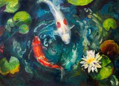 a painting of a koi fish and lily pads