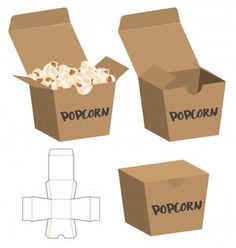 an open cardboard box with popcorn inside and cut out to look like it has been opened