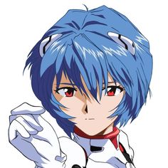 an anime character with blue hair and red eyes