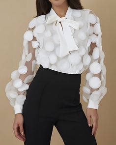 Size: S,M,L,XL;Style:Chic,SexyType:BlousesMaterial:100%PolyesterNeckline:Tie NeckSleeve Style:Long SleeveLength:RegularPattern Type:FloralDecoration:Hollow-out,Sheer MeshFit Type:RegularOccasion:DailyPackage Include:1* BlouseFabric Elasticity:Slight StretchSheer:Semi-SheerCare Instructions:Machine wash, do not dry clean Jacquard Blouse, Lantern Sleeved Blouses, Striped Wide Leg Pants, Mesh Shirt, Chiffon Fashion, Womens Tie, Chiffon Shirt, Lantern Sleeve, Chiffon Blouse