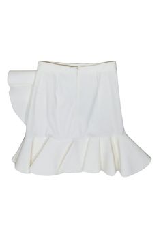 Embrace effortless elegance with this Ronny Kobo mini skirt. This chic piece features voluminous ruffles that add a touch of Parisian flair, making it the perfect statement piece when paired with a sleek blouse or simple top. Size S Shell 50% Cotton 47% Polyester 3% Spandex Lining 94% Polyester 6% Elastane Voluminous ruffle detail Concealed center back zipper closure Pleated hem Waist 26” Total Length 18” White Asymmetrical Pleated Mini Skirt, Elegant Asymmetrical Ruffled Mini Skirt, Cream Mini Skirt With Ruffles For Summer, White Asymmetrical Chic Skort, Chic White Asymmetrical Skort, Feminine Flowy Mini Skirt With Ruffles, Cream Ruffled Tiered Mini Skirt, Cream Tiered Ruffled Mini Skirt, Chic Skirted Skort With Ruffles