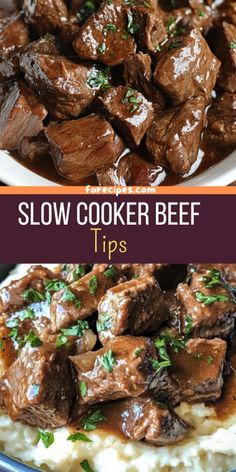 slow cooker beef tips on top of mashed potatoes