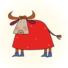 a cartoon cow wearing a red dress and blue boots with horns on it's head