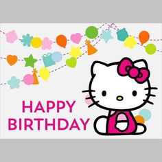 a hello kitty birthday card with balloons and confetti on it's side