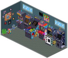 an animated video game room with arcade machines