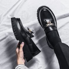 Hagye Tassel Chunky Sole Loafers | Streets of Seoul | Men's Korean Style Fashion Black Platform Loafers With Metal Feet For Business, Business Loafers With Metal Feet And Round Toe, Loafers Men Outfit, Black Wedding Shoes, Platform Casual Shoes, Casual Shoes Black, Loafers Dress