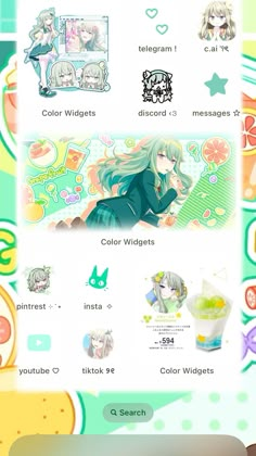 an image of some anime characters with different colors and shapes on the screen, as well as