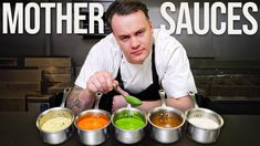 a man is making sauces in pots on a table with the words mother sauces above him