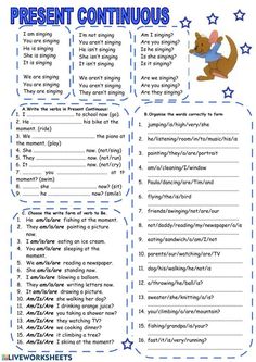 a printable worksheet with the words present continuous