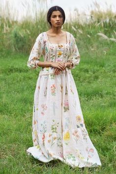 Shop for Pozruh by Aiman White Pure Hemp Floral Printed Maxi Dress for Women Online at Aza Fashions Hemp Clothing, Sustainable Clothing Brands, Maxi Dress Online, Ethical Clothing, White Maxi, White Maxi Dresses, Printed Maxi, Sustainable Clothing, Tiered Dress