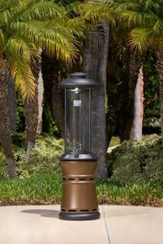 an outdoor lantern is on the sidewalk near some palm trees