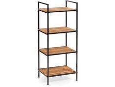 three tiered shelving unit with wooden shelves on each side and black metal frame