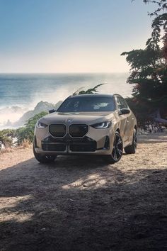 an suv parked on the side of a road next to the ocean in front of some trees