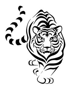 a black and white drawing of a tiger's head with its tail blowing in the wind