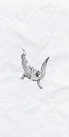 a drawing of a bird flying in the sky with two people on it's back