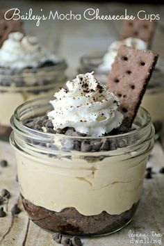 there are pictures of desserts in glass jars