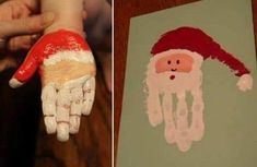 two pictures of santa clause handprints on paper and an image of santa claus