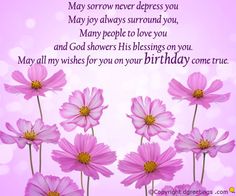 pink flowers with the words happy birthday come true on it's purple background that says, may soar never