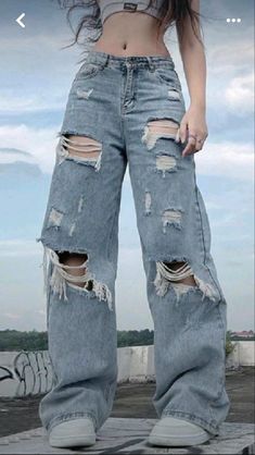 Pants Aesthetic, Ripped Jeans Women, Loose Wide Leg Pants, Woman Pants, Womens Ripped Jeans, Woman Jeans, Streetwear Jeans, Jeans Y2k, Cargo Pants Women