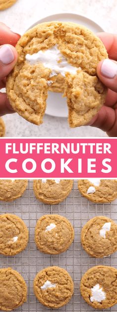 a person holding up a cookie with white frosting on it and the words fluffernutter cookies in front of them