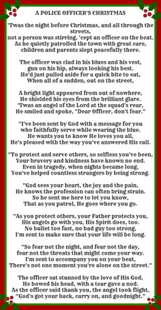 a poem written in red and green with the words police officer's christmas tree