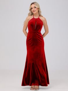 Red Fitted Floor-length Velvet Cocktail Dress, Red Velvet Floor-length Dress For Formal Occasions, Formal Red Floor-length Velvet Dress, Red Fitted Floor-length Velvet Dress, Luxury Velvet Maxi-length Evening Dress, Halter Bridesmaid Dress, Velvet Bridesmaid Dresses, Red Bridesmaid Dresses, Peacock Green