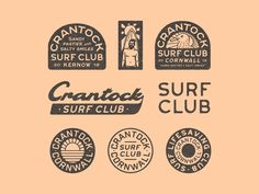 various surf club logos and emblems on a pink background