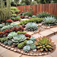 a garden filled with lots of succulents and rocks