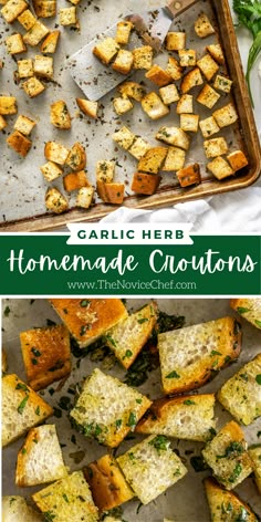 garlic herb homemade croutons on a baking sheet