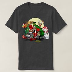 a t - shirt with an image of santa driving his car in front of the moon