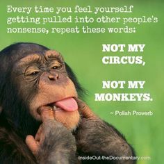 a monkey with its tongue hanging out and some words above it that say,'every time you feel yourself getting pulled into other people's nonsenses, treat these words not my circus, not my