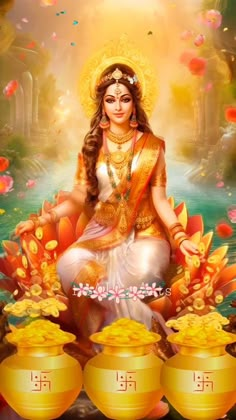 an image of goddess sitting on the ground with three gold pots in front of her