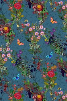 an image of a blue background with flowers and butterflies on the bottom right corner,