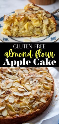 a close up of a cake with almonds on it and the words, gluten - free almond flour apple cake