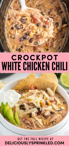 This warm comfort food for dinner is one of the best! Filled with shredded chicken, black beans, cream cheese, and more, this slow cooked chili is a bowl of creamy, delicious soup. Plus, this Crockpot White Chicken Chili Recipe is the perfect weeknight meal! Cream Cheese Rotel, Crockpot Chicken Chili Recipes, White Chicken Chili Recipe Crockpot, Creamy Chicken Chili, Chicken Black Beans, White Chicken Chili Slow Cooker, Slow Cooker Chicken Chili, Crockpot White Chicken Chili, White Chili Chicken Recipe