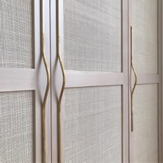 a white closet with gold handles and mesh coverings on the doors, in front of a window