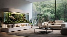 a living room filled with furniture and a large fish tank in the middle of it