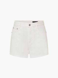 MO&Co. Women's Cotton Blend Denim Shorts Introducing our classic denim shorts in a crisp white hue, perfect for keeping you cool and comfortable all summer season. Made from a soft and breathable cotton blend fabric, these shorts feature a flattering high-rise waist and a relaxed fit through the hips and thighs. The classic five-pocket design adds a functional touch, while the clean white color is versatile to pair with any top in your wardrobe. Features : - High waist denim shorts- Classic five Classic Denim Shorts, White Jean Shorts, High Waist Denim, Cotton Blend Fabric, High Waisted Shorts Denim, Summer Season, Pocket Design, White Color, Jean Shorts