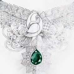 a drawing of a necklace with a green stone hanging from it's center piece